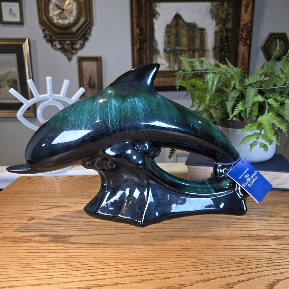 Vtg Blue Mountain Pottery Dolphin Figurine - MCM Green Drip Glaze - Canada 10"